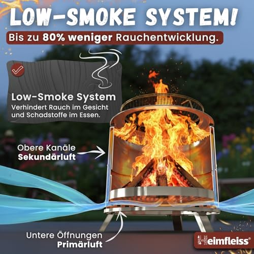 Heimfleiss® Rauchfreie Feuerschale Edelstahl Ø50cm | Feuerkorb mit Grillrost | Feuerschale Rauchfrei für Garten, Camping, Balkon & Terrasse | Rauchfreie Feuerstelle mit Grill | Feuertonne ohne Rauch – Bild 3