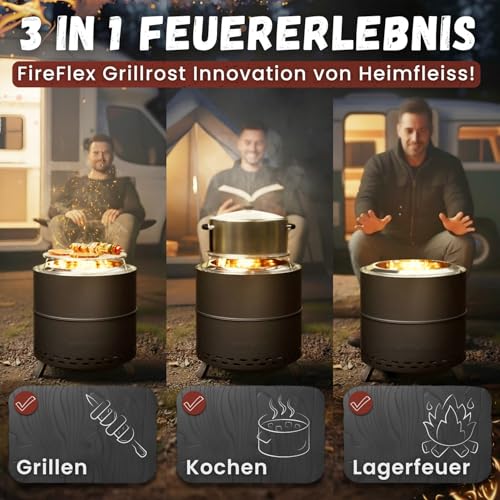 Heimfleiss® Rauchfreie Feuerschale Edelstahl Ø50cm | Feuerkorb mit Grillrost | Feuerschale Rauchfrei für Garten, Camping, Balkon & Terrasse | Rauchfreie Feuerstelle mit Grill | Feuertonne ohne Rauch – Bild 4
