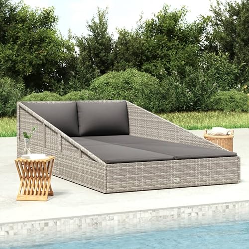 vidaXL Gartenbett für 2 Personen Sonnenliege Doppelliege Gartenliege Relaxliege Liege Gartenmöbel Rattanmöbel Grau 110x200cm Poly Rattan – Bild 2