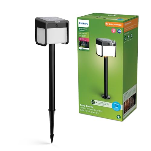 Philips Ezra ultraeffiziente Solar-Sockelleuchte für den Außenbereich mit Sensor, 3000K weißes Licht, 250/25lm, Schwarz