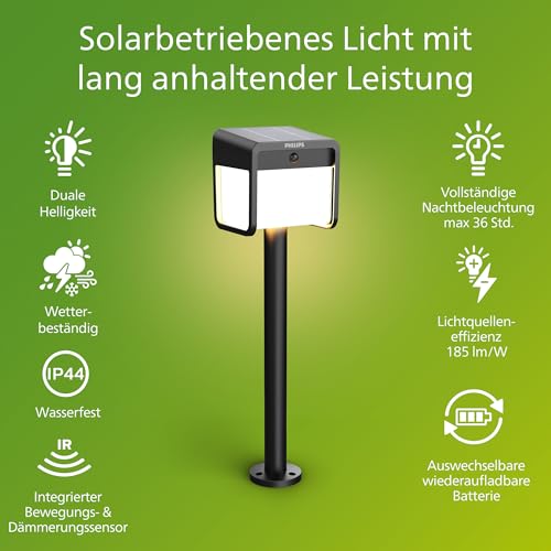 Philips Ezra ultraeffiziente Solar-Sockelleuchte für den Außenbereich mit Sensor, 3000K weißes Licht, 250/25lm, Schwarz – Bild 2