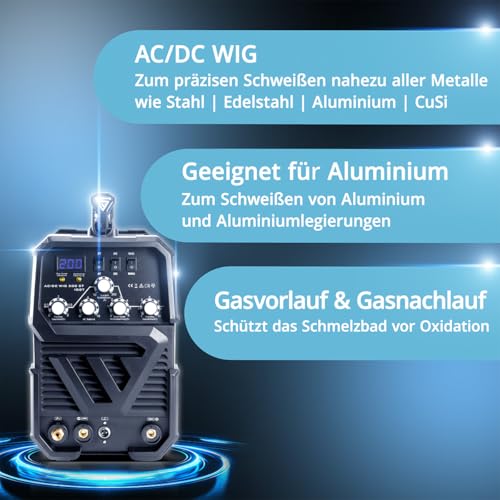 STAHLWERK Schweißgerät 2 in 1 Kombi AC/DC WIG 200 ST - Vollausstattung - WIG & MMA schweißen ist bis 200 A möglich, IGBT-Inverter, HF-Zündung, Smartkühlung, ideal für Aluminium & Stahl – Bild 7