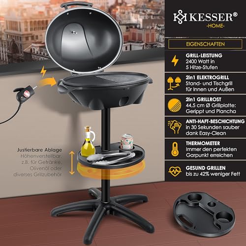 KESSER® elektrischer Elektrogrill 2in1 Tischgrill - Standgrill mit Deckel Standfuß | max. 2400 Watt Thermometer | Antihaftbeschichtung | XXL Grillplatte | integrierte Ablagefläche Elektro-Säulengrill – Bild 2