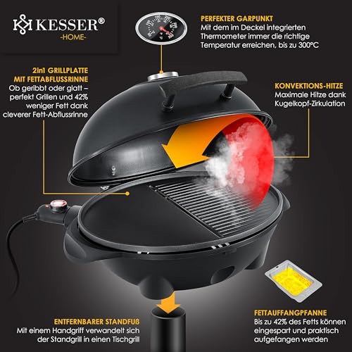 KESSER® elektrischer Elektrogrill 2in1 Tischgrill - Standgrill mit Deckel Standfuß | max. 2400 Watt Thermometer | Antihaftbeschichtung | XXL Grillplatte | integrierte Ablagefläche Elektro-Säulengrill – Bild 3
