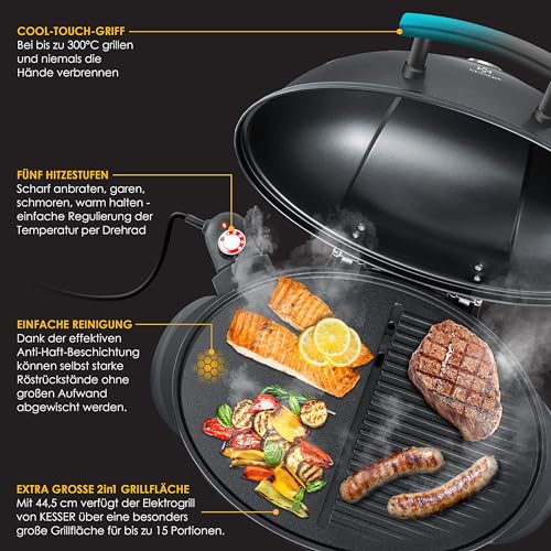 KESSER® elektrischer Elektrogrill 2in1 Tischgrill - Standgrill mit Deckel Standfuß | max. 2400 Watt Thermometer | Antihaftbeschichtung | XXL Grillplatte | integrierte Ablagefläche Elektro-Säulengrill – Bild 6