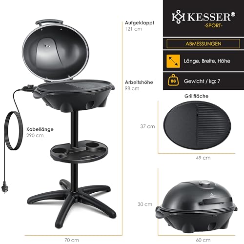 KESSER® elektrischer Elektrogrill 2in1 Tischgrill - Standgrill mit Deckel Standfuß | max. 2400 Watt Thermometer | Antihaftbeschichtung | XXL Grillplatte | integrierte Ablagefläche Elektro-Säulengrill – Bild 7