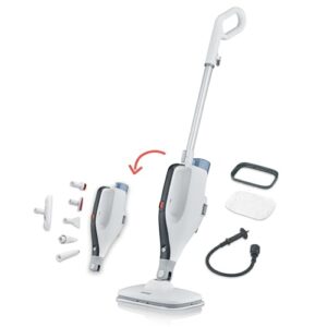 SEVERIN 2-in-1 Dampfreiniger mit Mehrzweck-Funktion & praktischem Kombi-Zubehör, für alle Hartböden und Teppiche, entfernt 99,9% Bakterien, nur 15 Sekunden Aufheizzeit, 9m Kabel, weiß/schwarz, SC 7145