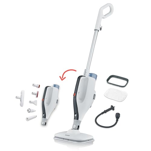 SEVERIN 2-in-1 Dampfreiniger mit Mehrzweck-Funktion & praktischem Kombi-Zubehör, für alle Hartböden und Teppiche, entfernt 99,9% Bakterien, nur 15 Sekunden Aufheizzeit, 9m Kabel, weiß/schwarz, SC 7145