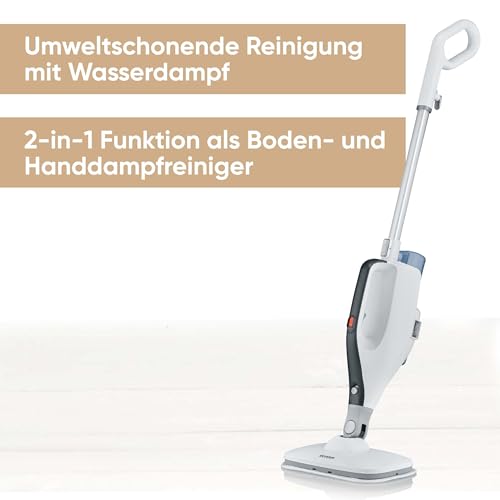 SEVERIN 2-in-1 Dampfreiniger mit Mehrzweck-Funktion & praktischem Kombi-Zubehör, für alle Hartböden und Teppiche, entfernt 99,9% Bakterien, nur 15 Sekunden Aufheizzeit, 9m Kabel, weiß/schwarz, SC 7145 – Bild 8