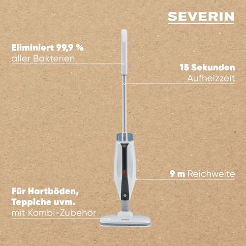 SEVERIN 2-in-1 Dampfreiniger mit Mehrzweck-Funktion & praktischem Kombi-Zubehör, für alle Hartböden und Teppiche, entfernt 99,9% Bakterien, nur 15 Sekunden Aufheizzeit, 9m Kabel, weiß/schwarz, SC 7145 – Bild 9