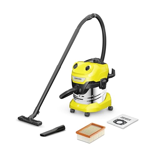 Kärcher WD 4 S V-20/5/22 Nass-& Trockensauger, 20 l Edelstahlbehälter, 1000 W, 5 m Kabel, 2,2 m Saugschlauch, Clips-Bodendüse, „Pull & Push“-Verschlusssystem, Gelb