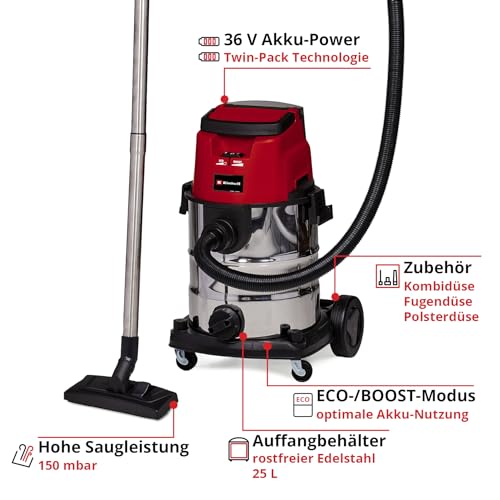 Einhell Akku-Nass-Trockensauger TE-VC 36/25 Li S-Solo Power X-Change (Li-Ion, 36 V, ECO/BOOST-Mode, 150 mbar Saugleistung, Edelstahlbehälter 25l, ohne Akku und Ladegerät), Black / Red – Bild 3