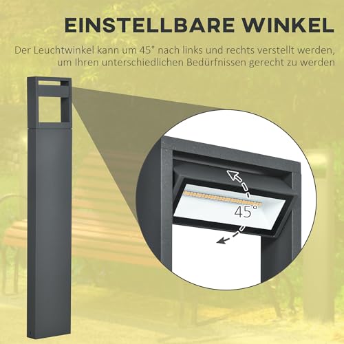 Outsunny Gartenlampe Pollerleuchte 90 cm hoch, LED Gartenleuchte, Wegleuchte mit Warmweißem Licht, Verstellbarem Neigungswinkel, für Außen, IP65 Wasserdicht, Alu, 16 x 5 x 90 cm, Dunkelgrau – Bild 4