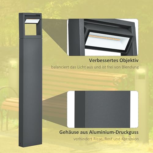 Outsunny Gartenlampe Pollerleuchte 90 cm hoch, LED Gartenleuchte, Wegleuchte mit Warmweißem Licht, Verstellbarem Neigungswinkel, für Außen, IP65 Wasserdicht, Alu, 16 x 5 x 90 cm, Dunkelgrau – Bild 5