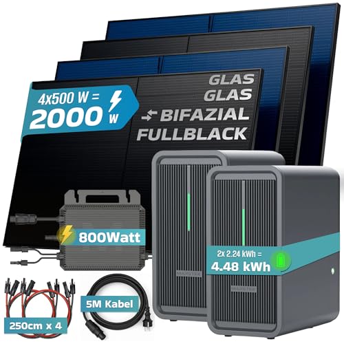 SUNNIVA® 2000W Balkonkraftwerk mit 4.48 kWh Speicher MARSTEK 2x B2500-D, BIFAZIAL FULLBLACK komplett Steckdose, PV Solaranlage Komplettset mit Solarspeicher, 4x 500W N-Type Glas-Glas Bifacial Module – Bild 2