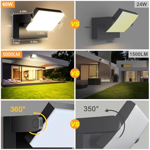 ledmo 4 Pack 60W LED Wandleuchte Aussen/Innen 5000 Lumen Modern Wandlampe Außen Warmweiß 3000K Außenwandleuchte mit 360° Schwenkbar LED Panel Außenlampe Wasserdicht IP65 für Terrasse Eingang Garten – Bild 5