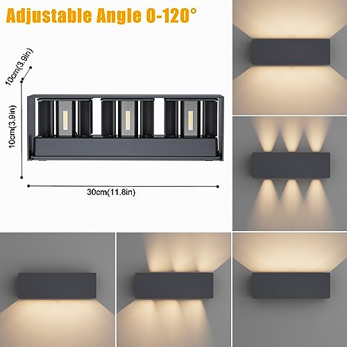 Klighten 30W Außenlampe Außenwandleuchte Anthrazit, 2PCS Aussenleuchte Aussenlampe Wand UP Down, IP65, Wandleuchten Innen/Außen Mit Einstellbar Abstrahlwinkel,für Wohnzimmer Garten, Warmweiß 3000K – Bild 3