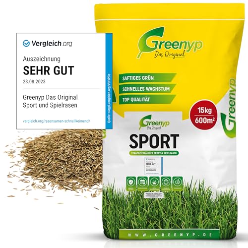 Greenyp® Sport I strapazierfähiger Sport-& Spielrasen I 15kg für 600m² I Sportrasen Grassamen Rasensamen Rasensaat Gras Nachsaat schnellkeimend