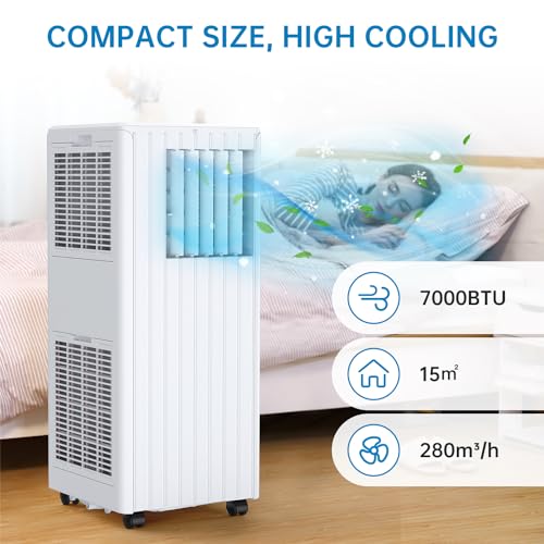 Klimaanlage 7000BTU 2,6kW, Kühlen&Ventilieren&Entfeuchten, Mobiles Klimagerät mit abluftschlauch für Räume bis 80m³(31㎡), Leiser Betrieb <65 dB, Digitaldisplay Fernbedienung, 24h-Timer – Bild 3