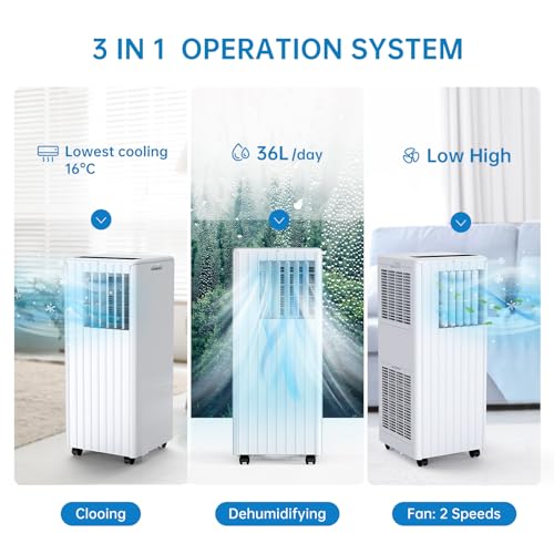 Klimaanlage 7000BTU 2,6kW, Kühlen&Ventilieren&Entfeuchten, Mobiles Klimagerät mit abluftschlauch für Räume bis 80m³(31㎡), Leiser Betrieb <65 dB, Digitaldisplay Fernbedienung, 24h-Timer – Bild 5