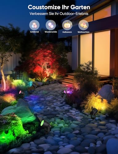 APPECK Gartenstrahler, WiFi Smart Gartenbeleuchtung mit Strom, RGBW Farbe ändernde intelligente Außen Wasserdicht Gartenlampe, mit APP/Sprachsteuerung, für Patio, Garten, Einfahrt, Gehweg, 8 Stück – Bild 3