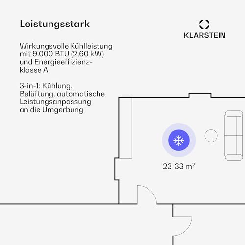 Klarstein mobile Klimaanlage mit Abluftschlauch, 9000 BTU - praktischer Luftentfeuchter, Ventilator & Kühler in einem, inklusive Kit - ideal für Räume bis 31 qm – Bild 3