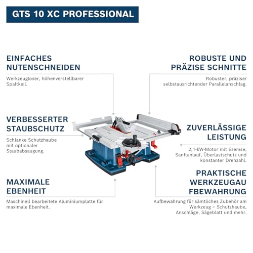 Bosch Professional Tischkreissäge GTS 10 XC (Sägeblatt-Ø: 254 mm, Sägeblattbohr-Ø: 30mm inkl. Absaugadapter, Parallelanschlag, Schiebestock, Winkelanschlag, Aufbewahrung für Sägeblatt) – Bild 2
