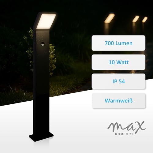 max K O M F O R T LED Standleuchte mit Bewegungsmelder – Moderne Außenleuchte schwarz aus Aluminium – IP54 Wegeleuchte warmweiß 700lm – Sicht & Sicherheit für Außenbereiche| 1504-800BM – Bild 3