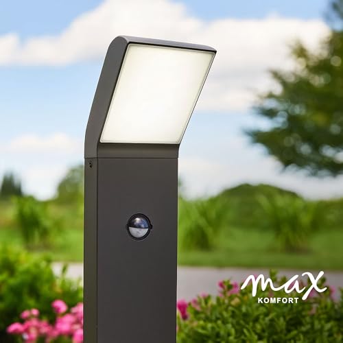 max K O M F O R T LED Standleuchte mit Bewegungsmelder – Moderne Außenleuchte schwarz aus Aluminium – IP54 Wegeleuchte warmweiß 700lm – Sicht & Sicherheit für Außenbereiche| 1504-800BM – Bild 6