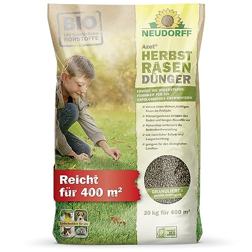 Neudorff Azet HerbstRasenDünger - Organischer Bio-Dünger für 400 m² stärkt die Frosthärte und sorgt für einen dichten, kräftigen Rasen im Frühjahr, 20 kg