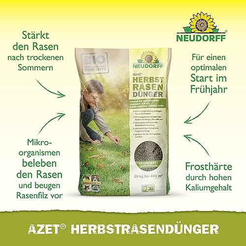 Neudorff Azet HerbstRasenDünger - Organischer Bio-Dünger für 400 m² stärkt die Frosthärte und sorgt für einen dichten, kräftigen Rasen im Frühjahr, 20 kg – Bild 2