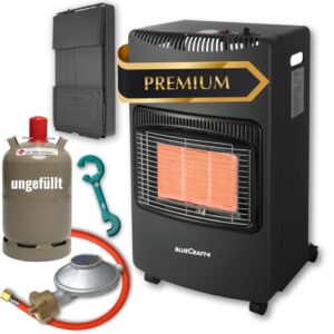 Bluecraft Gas-Ofen Heizofen in PREMIUM QUALITÄT Gasheizer Infrarot Heizstrahler Notofen Notheizung, 4,2 kW | Camping-Heizung mit Gasregler, Gasschlauch, GF-Schlüssel, 11kg Gasflasche ungefüllt