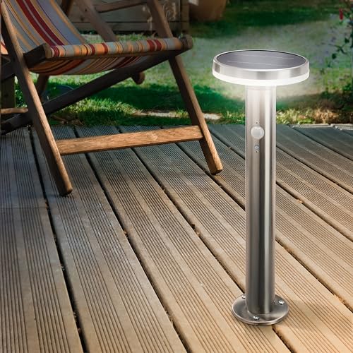 esotec Solar PIR Standleuchte Lena 45, Edelstahl Gehäuse, Li-Ion Akku, Bewegungsmelder, LED Gartendeko, Außenleuchte, Gartenbeleuchtung, Metall, silber, H=44,5cm, außen, wetterfest, winterfest, 102594 – Bild 2