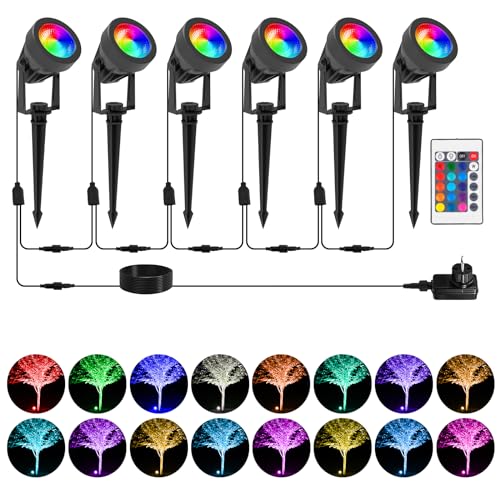 T-SUNUS Gartenstrahler LED RGB, 6er Gartenbeleuchtung RGB mit Fernbedienung IP65 Wasserdich 16 Farben und 4 Modi, Gartenleuchte mit Erdspieß 12V für Außen Weg Garten Weihnachten