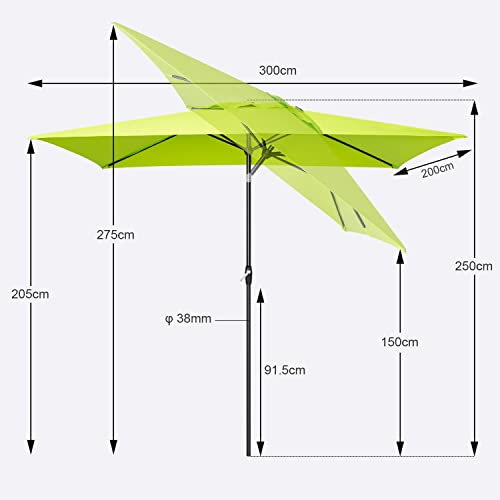 Sekey 200 × 300 cm Aluminum Sonnenschirm Marktschirm Gartenschirm Terrassenschirm Sonnenschutz Apfelgrün UV 50 Rechteckig – Bild 6