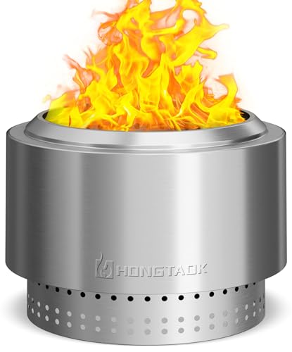 HongTaok 50 cm Rauchfreie Feuerschale Edelstahl, Feuerschalen für den Garten, Feuerstelle Outdoor Camping Fire Pit, Abnehmbare Ascheplatte, mit Schürhaken & wasserdichte Tasche, Silber