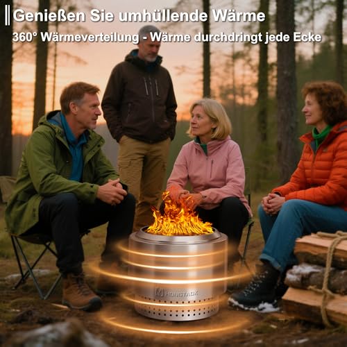 HongTaok 50 cm Rauchfreie Feuerschale Edelstahl, Feuerschalen für den Garten, Feuerstelle Outdoor Camping Fire Pit, Abnehmbare Ascheplatte, mit Schürhaken & wasserdichte Tasche, Silber – Bild 7