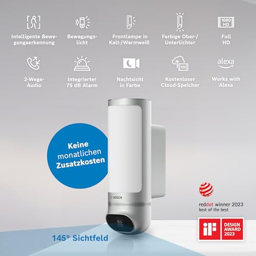 Bosch Smart Home Außenkamera II, Überwachungskamera Außen, 1080p Full-HD Auflösung mit integrierter Alarmsirene und Design-Leuchte, kompatibel mit Amazon Alexa, Silber – Bild 8