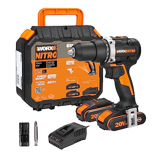 WORX WX102 NITRO Akku Bohrschrauber 20V - bürstenloser Akkuschrauber - 2-Gang-Getriebe und LED-Licht - Akkubohrer zum Bohren und Schrauben - mit 2 Li-Ion Akkus, Ladegerät und Koffer