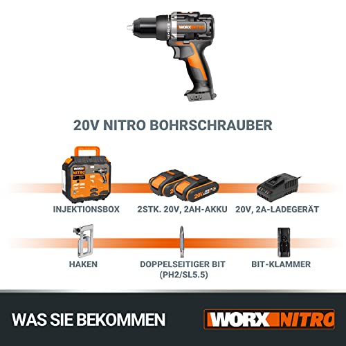 WORX WX102 NITRO Akku Bohrschrauber 20V - bürstenloser Akkuschrauber - 2-Gang-Getriebe und LED-Licht - Akkubohrer zum Bohren und Schrauben - mit 2 Li-Ion Akkus, Ladegerät und Koffer – Bild 8