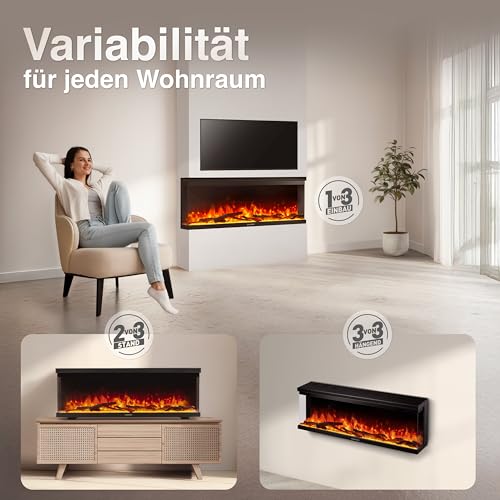 KAMINIO Elektrokamin LEA - Elektrischer 3-in-1 Kamin mit Panoramaview, Heizung, 3D-Flammeneffekt, 12 Flammenfarben, Fernbedienung (50 Zoll) – Bild 2
