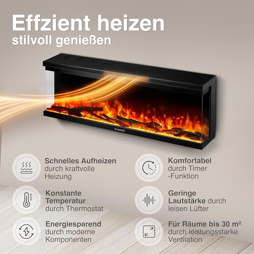KAMINIO Elektrokamin LEA - Elektrischer 3-in-1 Kamin mit Panoramaview, Heizung, 3D-Flammeneffekt, 12 Flammenfarben, Fernbedienung (50 Zoll) – Bild 4