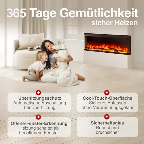 KAMINIO Elektrokamin LEA - Elektrischer 3-in-1 Kamin mit Panoramaview, Heizung, 3D-Flammeneffekt, 12 Flammenfarben, Fernbedienung (50 Zoll) – Bild 5