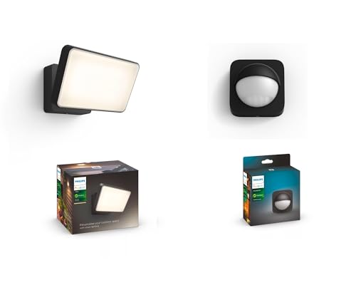 Philips Hue Outdoor Bundle – Kabelloser Bewegungssensor (IP54) Welcome Flutlicht 15 W (2300 lm) – Smarte Gartenbeleuchtung