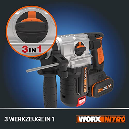 WORX NITRO WX380.9 Akku-Bohrhammer 20V - zum Bohren, Hammerbohren & Meißeln - bürstenloser Motor - stufenlose Drehzahleinstellung - verschiedene Stoff kompatibel - ohne Akku & Schnellladgerät – Bild 4