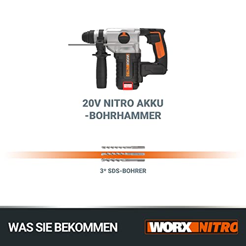 WORX NITRO WX380.9 Akku-Bohrhammer 20V - zum Bohren, Hammerbohren & Meißeln - bürstenloser Motor - stufenlose Drehzahleinstellung - verschiedene Stoff kompatibel - ohne Akku & Schnellladgerät – Bild 6