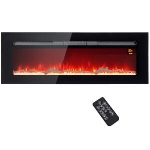 HOMCOM Elektrokamin, Wandkamin mit Heizung 1800 W, LED 3D-Flammeneffekt, Kristalle, in 3 Farben mit 5 Helligkeitsstufen, Elektrischer Kamin mit Fernbedienung, Timer, Touchscreen, Wandmontage, Schwarz