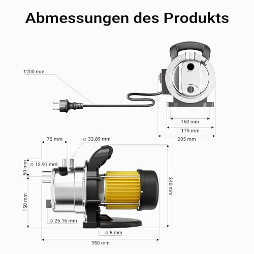 Wiltec Gartenpumpe 3800l/h, 1200W, Tragegriff & Wasserablassschraube, max. Förderhöhe 48m, rostfreier Stahl Hauswasserwerk Wasserpumpe Bewässerungspumpe Regenwasserpumpe – Bild 3
