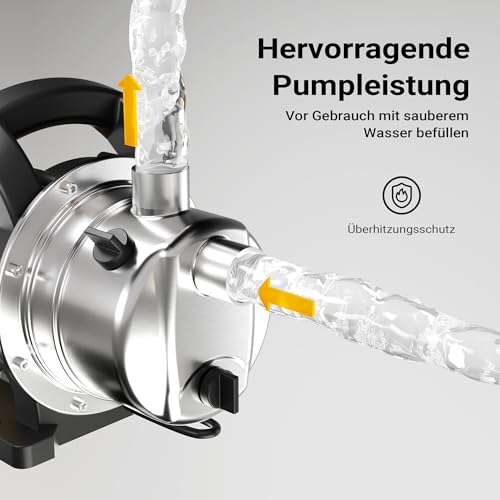 Wiltec Gartenpumpe 3800l/h, 1200W, Tragegriff & Wasserablassschraube, max. Förderhöhe 48m, rostfreier Stahl Hauswasserwerk Wasserpumpe Bewässerungspumpe Regenwasserpumpe – Bild 5