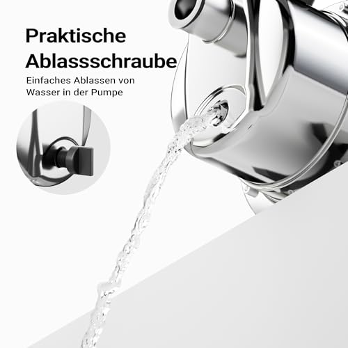 Wiltec Gartenpumpe 3800l/h, 1200W, Tragegriff & Wasserablassschraube, max. Förderhöhe 48m, rostfreier Stahl Hauswasserwerk Wasserpumpe Bewässerungspumpe Regenwasserpumpe – Bild 6
